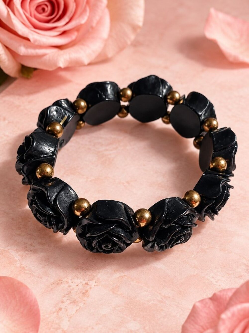 Black Rose Floral Stretch Bracelet Gold Beads Plastic Elastic Jewelry Handmade